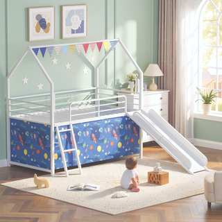 Sunvega Marvel Superhero Metal Twin Loft Bed with Slide and Curtain Set