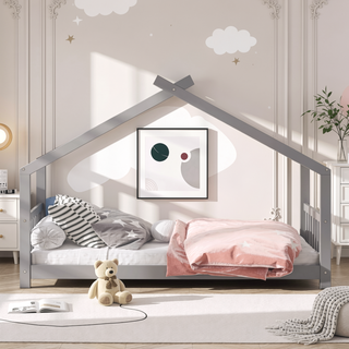 Sunvega Twin Size Gray Playhouse Design Wood Bed with Sturdy Pinewood Frame