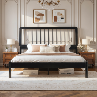 Sunvega Solid Pine Wood Queen Spindle Bed with Slat-Back Design for Modern Interiors