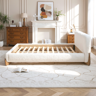 Sunvega Modern Puffy Platform Bed with Arched Headboard in Ivory White Boucle