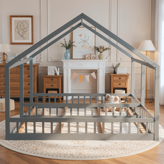 Sunvega Twin Size House Shaped Platform Beds with Safety Guardrails and Roof