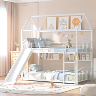 Sunvega Twin Over Twin Metal Bunk Bed With Slide And Removable Playhouse Roof
