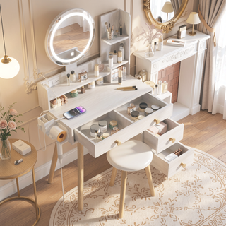 Sunvega Round LED Mirror Vanity Table Set with Cushioned Stool Touch Control 3-Color Lights