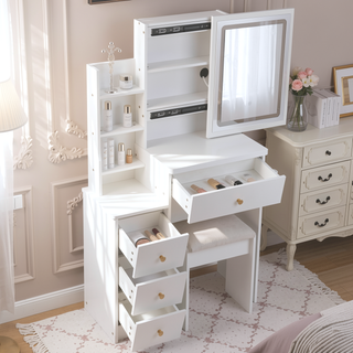 Sunvega Small Space Left Bedside Cabinet Vanity Table with Cushioned Stool and Sliding Mirror