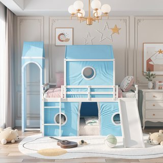 Sunvega Sturdy Pink Twin Size Loft Bed with Slide Tower and Playhouse Design