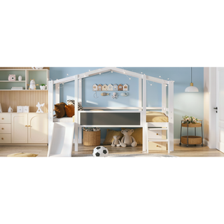 Sunvega Twin Size Loft Bed with Ladder Slide Blackboard and Light Strip