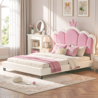 Sunvega Cream Pink Full Size Princess Bed with Crown Headboard and Footboard