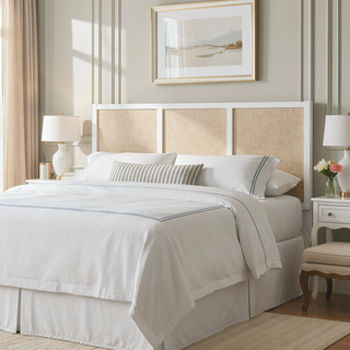 Sunvega White Painted Cane Panel Coastal Queen Full Headboard with Adjustable Height