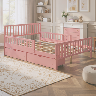 Sunvega Twin Size Walnut Wood Platform Bed with Guardrails and Two Storage Drawers