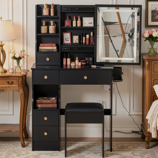 Sunvega Small Space Vanity Table with Cushioned Stool and Extra Large Sliding Mirror