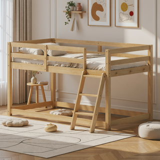 Sunvega Solid Wood Low Loft Bed with LED Lighting Converts to Twin Bunk Bed