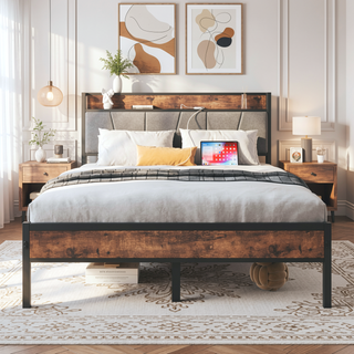 Sunvega Full Size Bed Frame with Storage Headboard and Charging Station Outlets