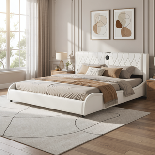 Sunvega Queen Size Faux Leather Platform Bed with RGB LED Lights Bluetooth Speakers