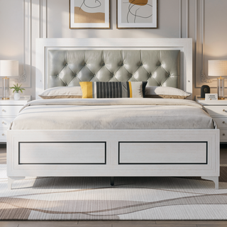 Sunvega Contemporary White Queen Size Platform Bed with LED Light Headboard