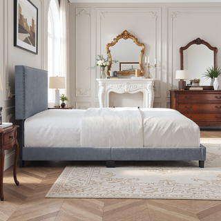 Sunvega Plush Velvet Upholstered Platform Bed with Nailhead Trim and Padded Headboard
