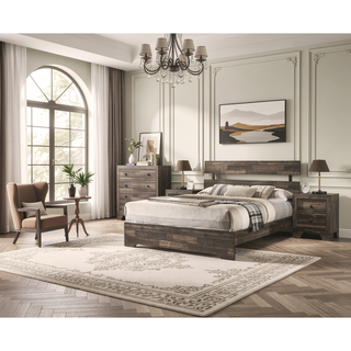 Sunvega Rustic Queen Platform Bed Slat Headboard with Brown Finish Wood Veneers