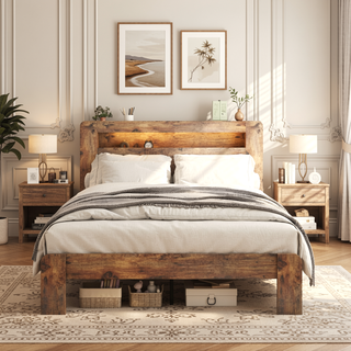 Sunvega Queen Bed Frame with Storage Headboard USB Ports and Vintage Shelf Design