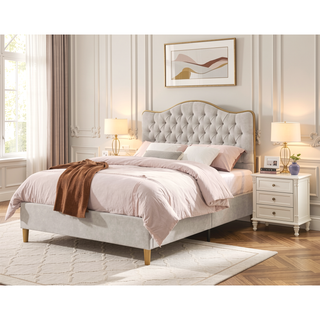 Sunvega Upholstered Queen Bed Frame with Tufted Headboard and Curved Design