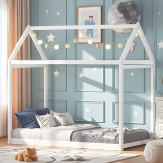 Sunvega Twin Size Gray Wooden House Bed with Eaves Design for Kids Room