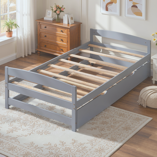 Sunvega White Twin Size Platform Bed with Trundle and Headboard Footboard