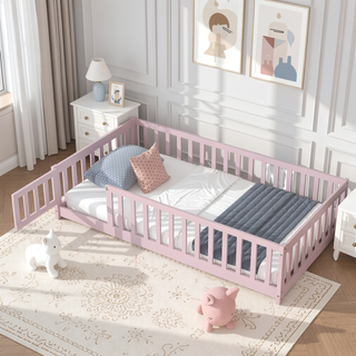 Sunvega Natural Rubber Wood Twin Size Floor Bed with Safety Guardrails and Door