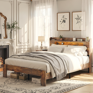 Sunvega Queen Wood Platform Bed Frame with Storage Headboard and 2 USB Ports