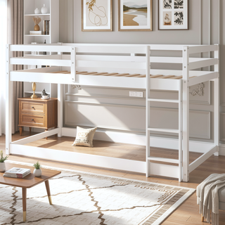 Sunvega Twin over Twin Floor Low Bunk Bed with Ladder for Kids Bedroom