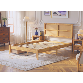 Sunvega Full Size Bed with Rattan Headboard Two Storage Drawers and Enhanced Support Slats