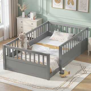 Sunvega Montessori Wooden Children's Floor Bed Frame with High Safety Fence