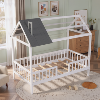 Sunvega White Twin Size Wood House Playhouse Bed with Fence for Kids Room