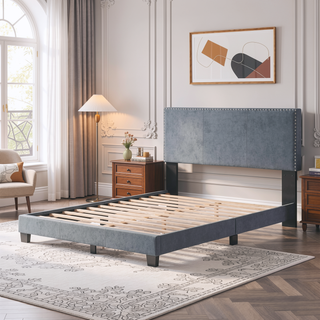 Sunvega Plush Velvet Upholstered Platform Bed with Nailhead Trim and Padded Headboard