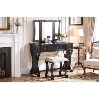 Sunvega Black Modern Bedroom Vanity Set with Stool Foldable Mirror and Drawers