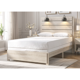 Sunvega Traditional Rustic Style Queen Size Platform Bed with Headboard Lamps
