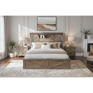 Sunvega Farmhouse Queen Bed Frame with LED Lights Charging Station and Storage Drawers