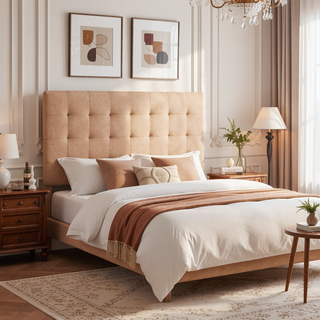 Sunvega Beige Linen-Inspired Upholstered Tufted Headboard for Full XL Beds