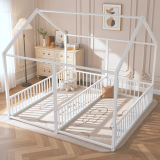 Sunvega Sturdy Metal Twin Size House Platform Beds with Guardrails