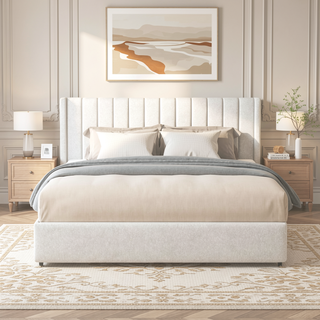 Sunvega Ivory Boucle Upholstered Queen Platform Bed with 2 Storage Drawers