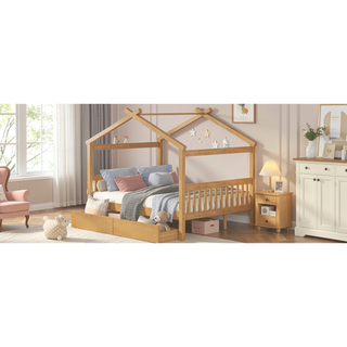 Sunvega Twin Size Wooden House Bed with Drawers and Headboard for Kids Room