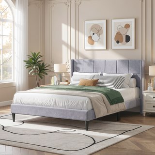 Sunvega Modern Minimalist Linen Upholstered Wingback Bed with Panel-Tufted Headboard
