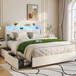 Sunvega Queen Bed Frame with Ergonomic Headboard Outlets Charger LED Light Storage