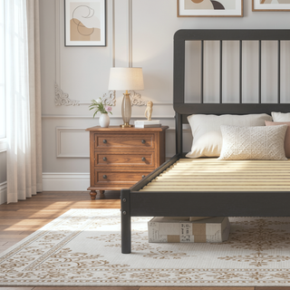 Sunvega Solid Pine Wood King Spindle Bed with Slat-Back Design