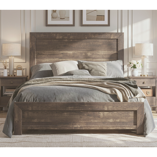 Sunvega Rustic Brown Finish Full Size Panel Bed with Headboard and Footboard