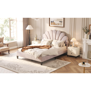 Sunvega Queen Size Upholstered Platform Bed with Flower Pattern Velvet Headboard