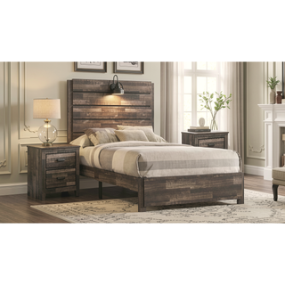 Sunvega Rustic Butcher Block Full Size Bed with Headboard Lamp and Black Pulls