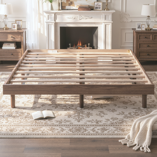 Sunvega Modern Floating Platform Bed Frame in Walnut with Sturdy Wood Construction
