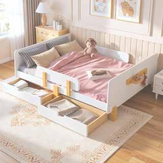 Sunvega Twin Size Solid Wood Platform Bed with Storage Drawers and Guardrail
