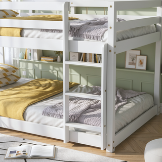 Sunvega Twin over Twin Solid Wooden Bunk Bed with Ladder and Strengthened Slats