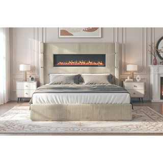 Sunvega Queen Size Upholstered Bed with Electric Fireplace and Bluetooth Speakers in Gray Velvet