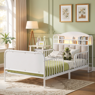 Sunvega Kids Full Metal Bed with Upholstered Headboard LED Lights and Storage