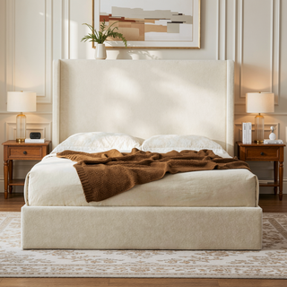 Sunvega Minimalist Upholstered Wingback Bed Frame with 54 Inch Headboard in Textured Ivory Canvas Chenille